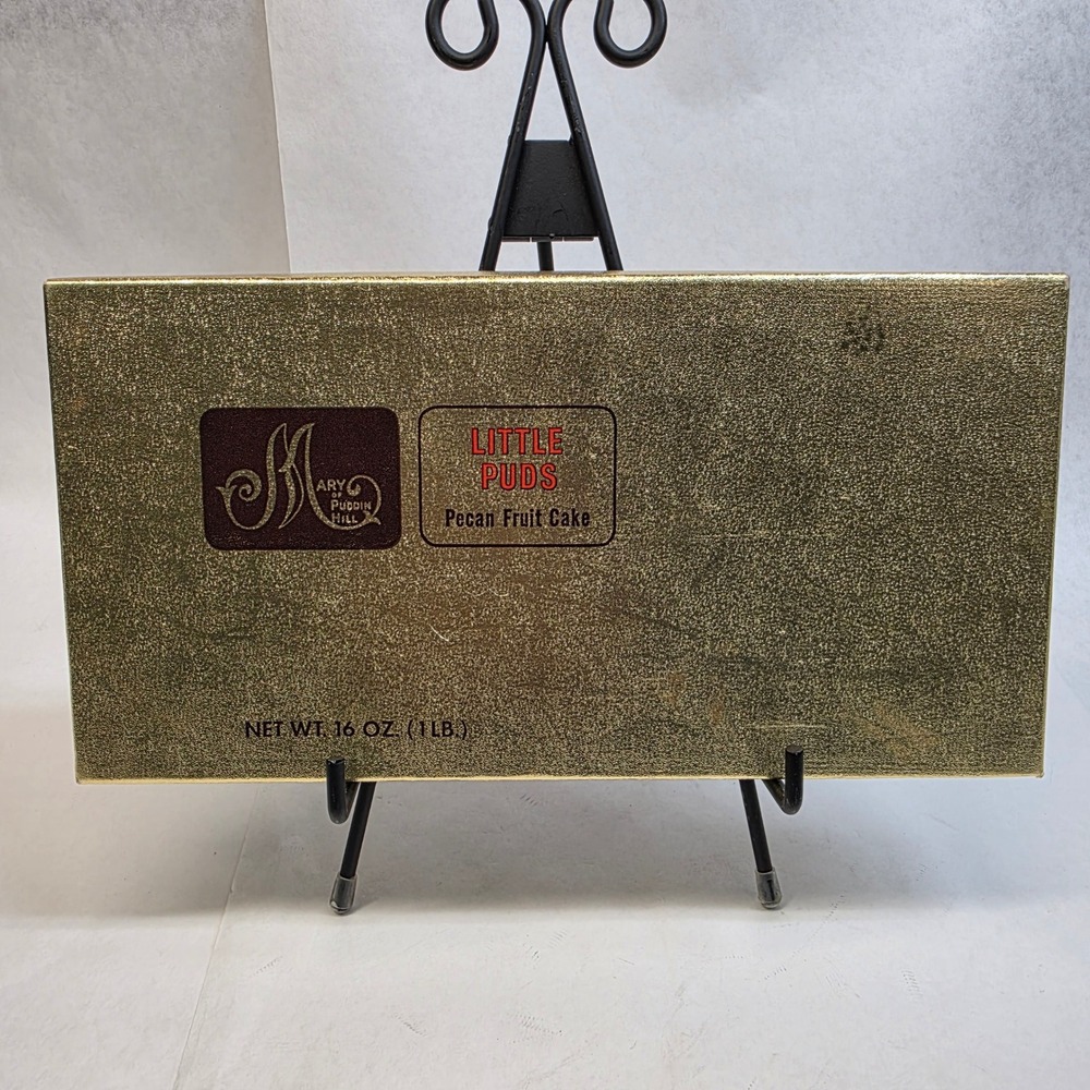 Vtg Empty Gold Foil Box Mary of Puddin Hill Little Puds Fruit Cake Greenville TX